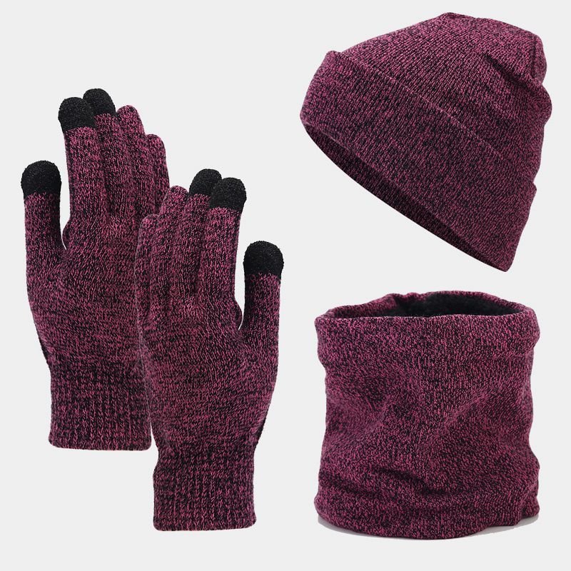 Autumn Winter Women Simple Fleece-Lined Warm Knitted Hat Scarf Gloves Three-Piece Set
