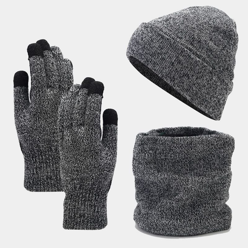 Autumn Winter Women Simple Fleece-Lined Warm Knitted Hat Scarf Gloves Three-Piece Set
