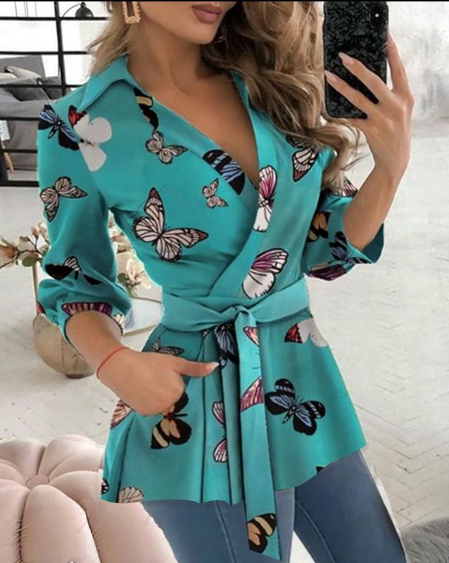 Women Fashion Geometric Diamond Butterfly Print V-Neck Long Sleeve Lace-Up Shirt