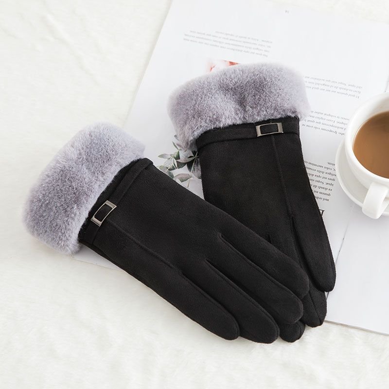 Autumn And Winter Women'S Fashion Suede Double Layer Fleece-Lined Thickened Cycling Touch Screen Gloves
