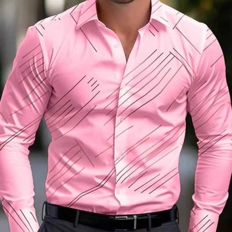 Men Fashion Casual Business Stripe Print Plus Size Long Sleeve Lapel Shirt