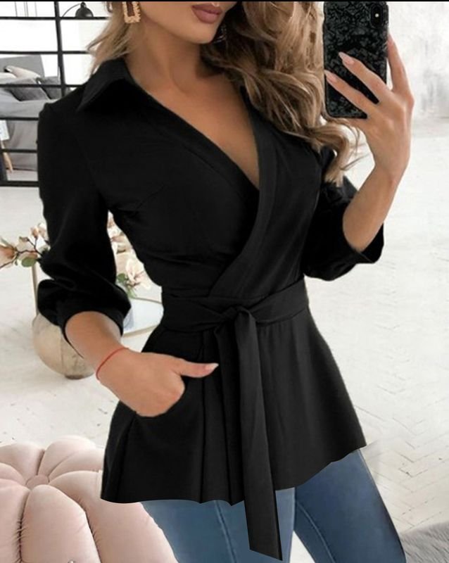 Women Fashion Geometric Diamond Butterfly Print V-Neck Long Sleeve Lace-Up Shirt